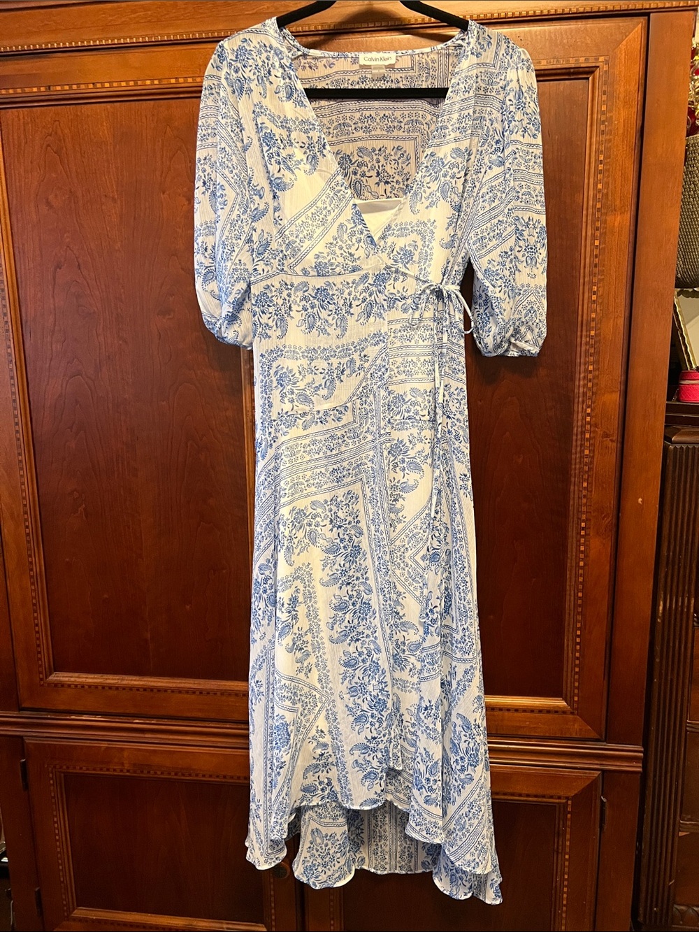 Calvin Klein Blue and White Paisley Wrap High-Low Dress